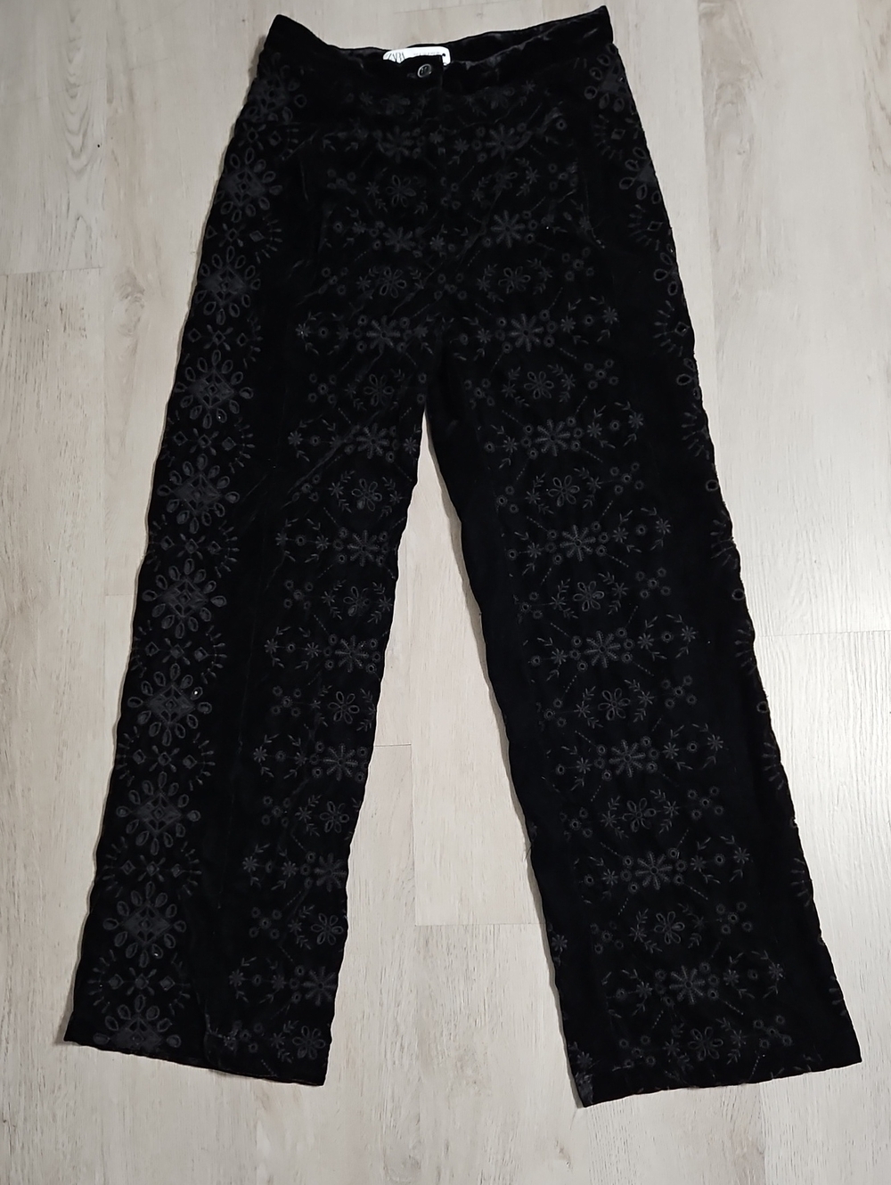 Zara Black Velvet Eyelet Floral Pants